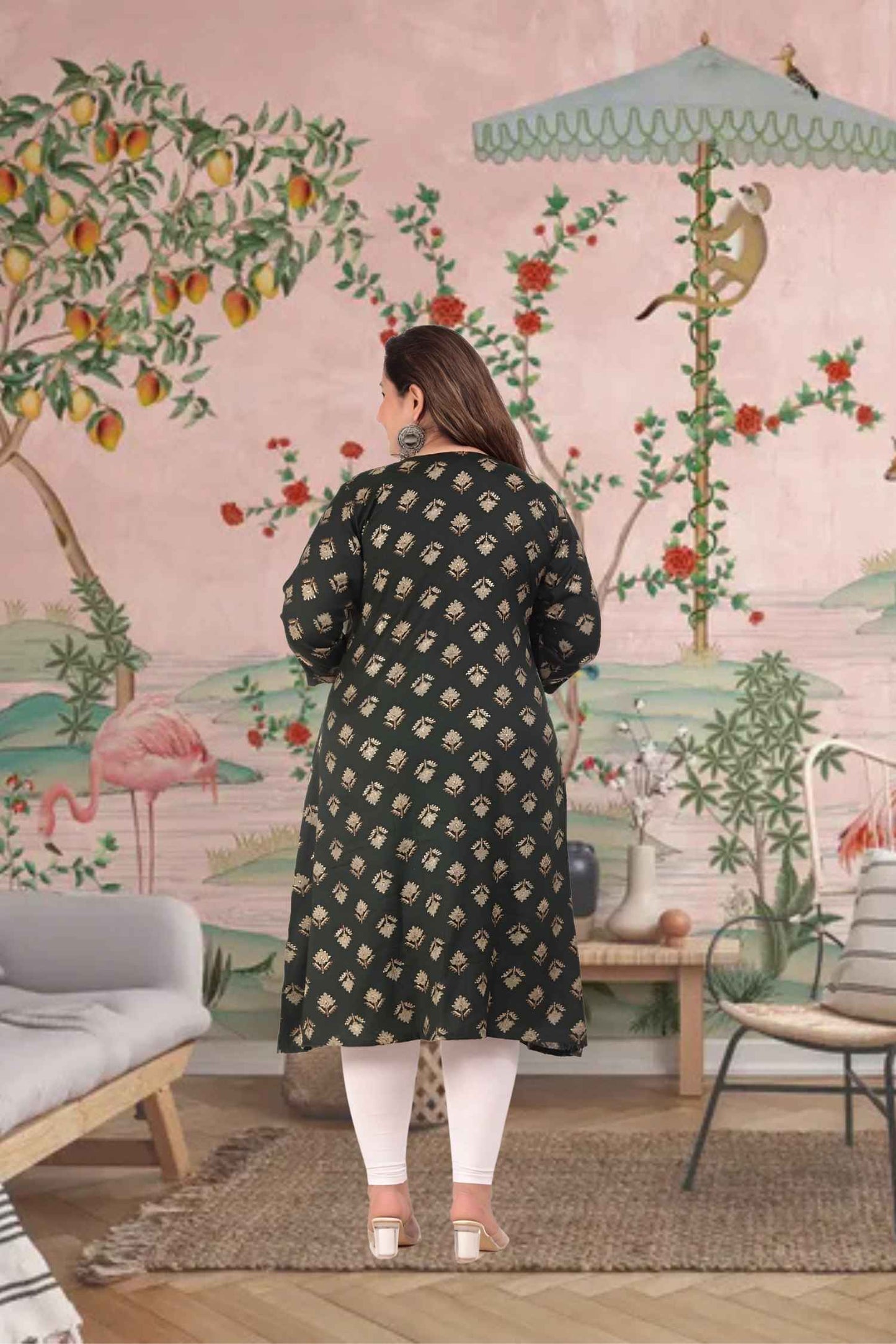 Rear shot revealing soft A-line sway among green hues