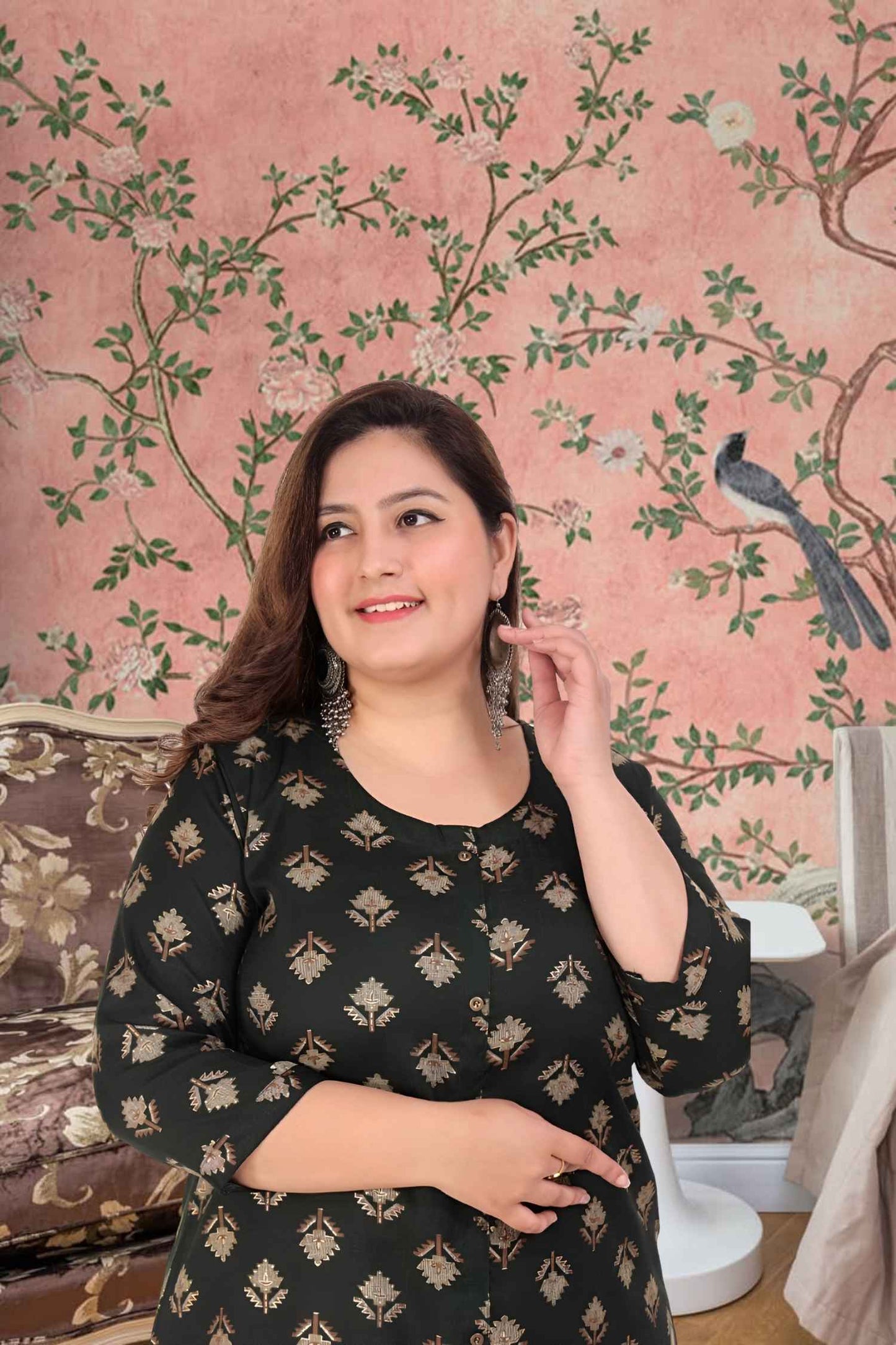 Front view: Green kurti against dewy morning fields