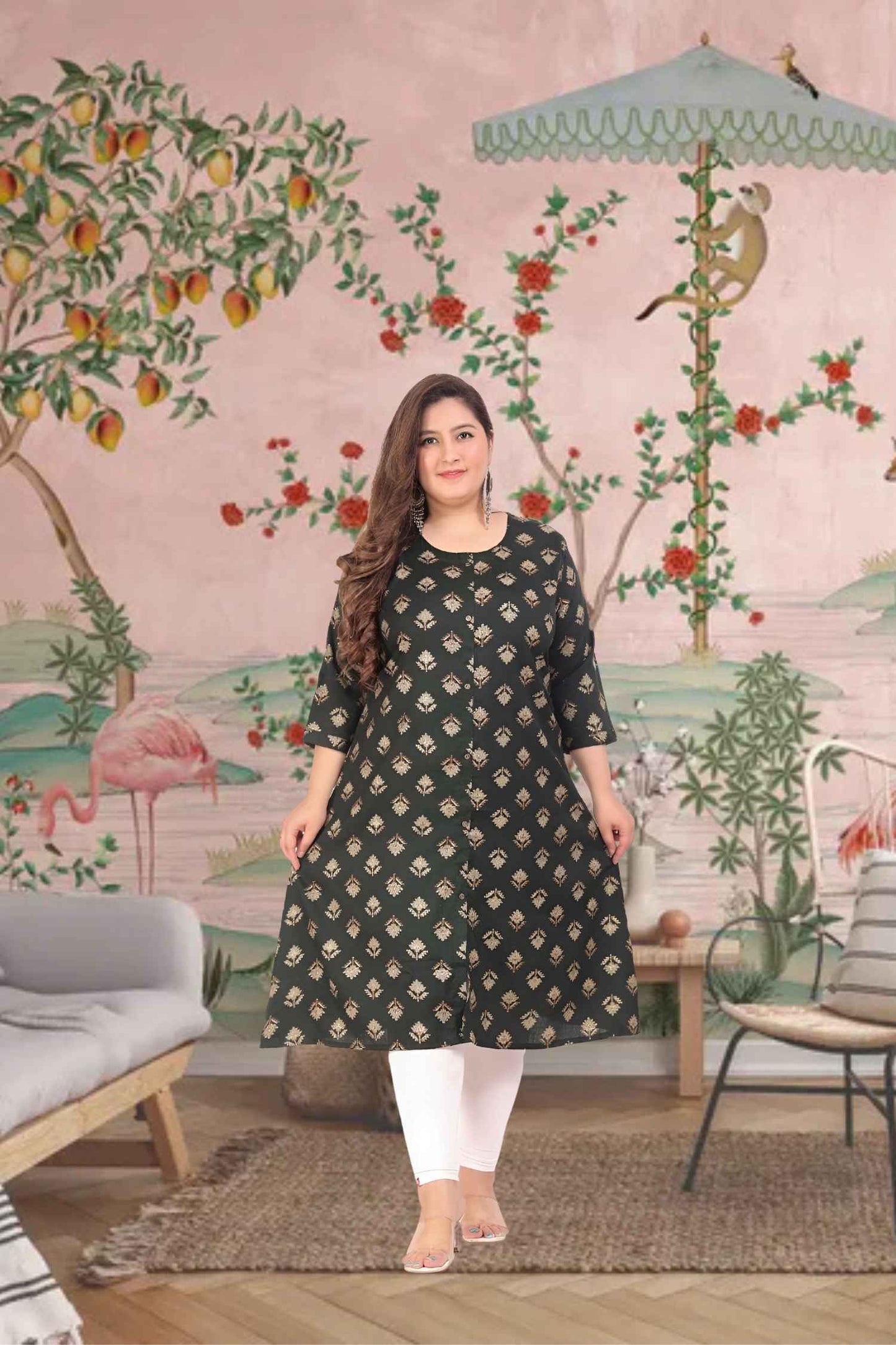 Front view: Green kurti against dewy morning fields