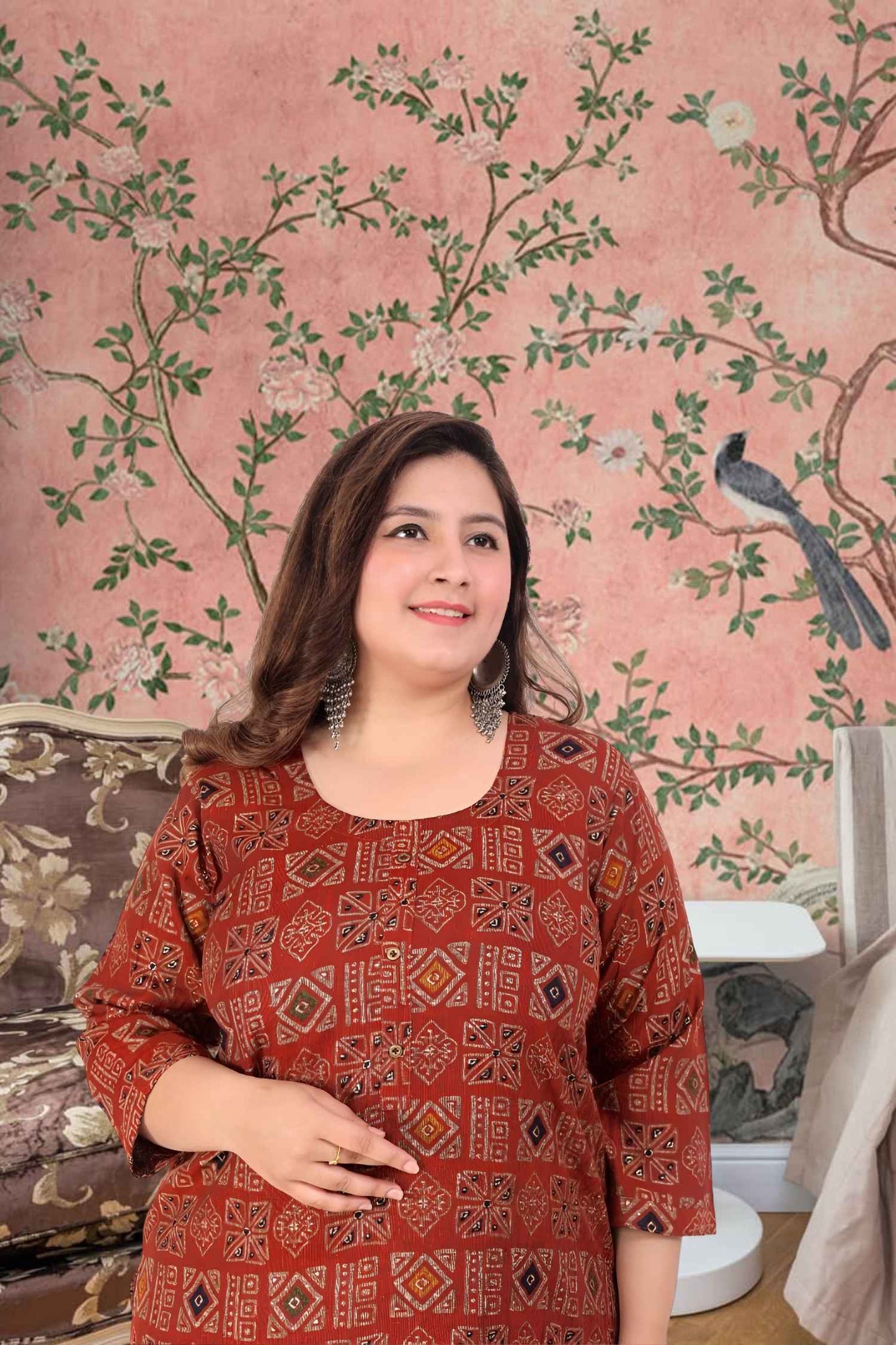 Front view: Dark green kurti glowing against a fiery background 🔥