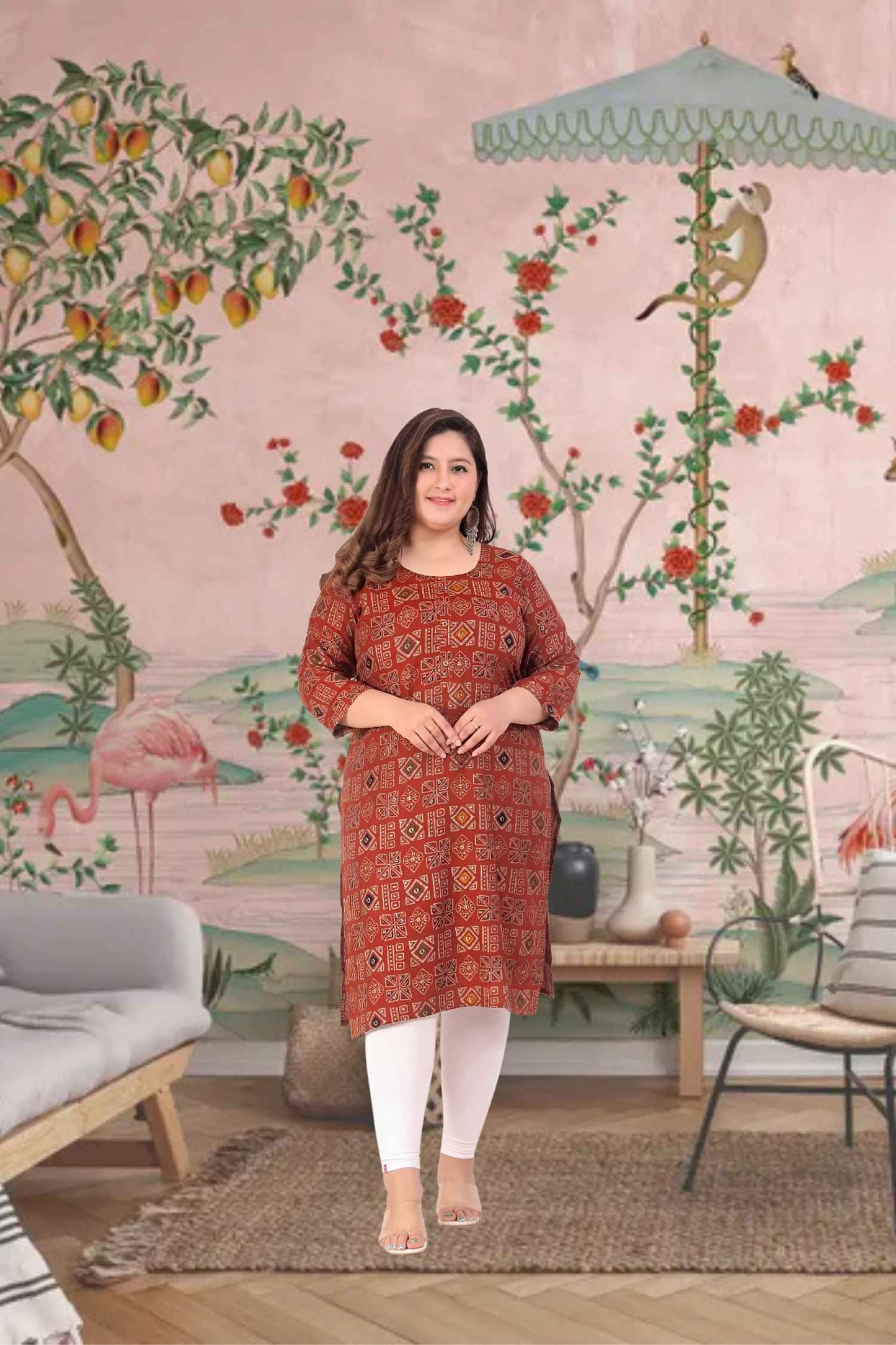 Front view: Dark green kurti glowing against a fiery background 🔥