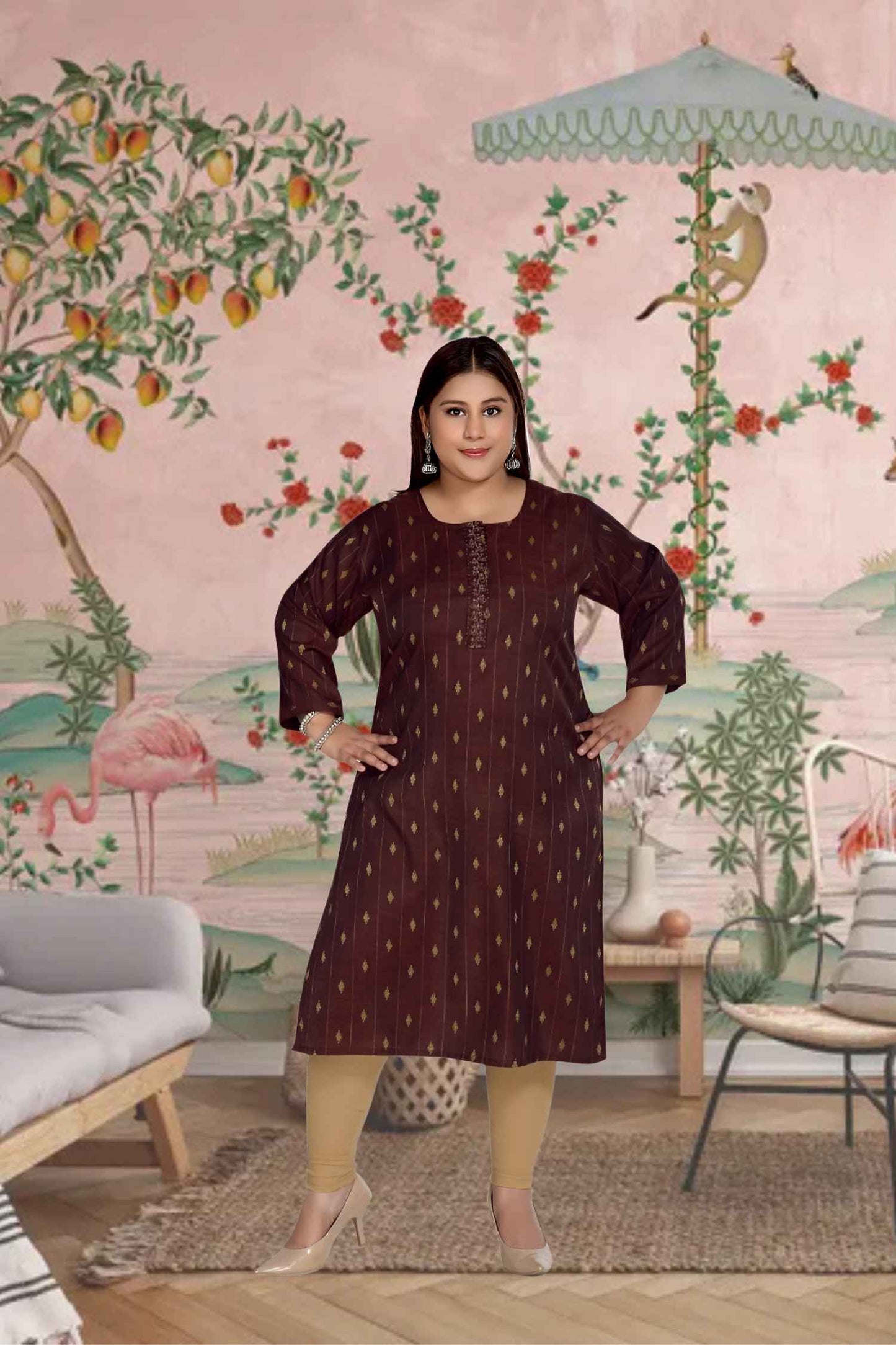 Front view: Maroon kurti glinting with golden artistry