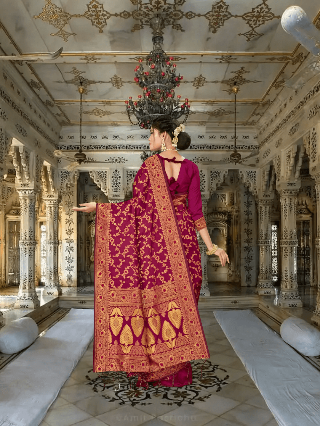 Model walking: gold vine patterns appearing to grow with movement