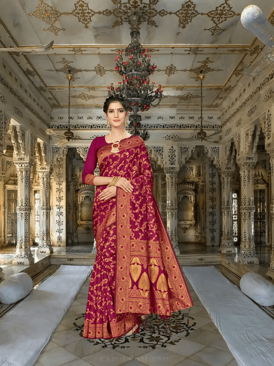 Light maroon Banarasi saree in golden hour, antique gold florals glowing warmly