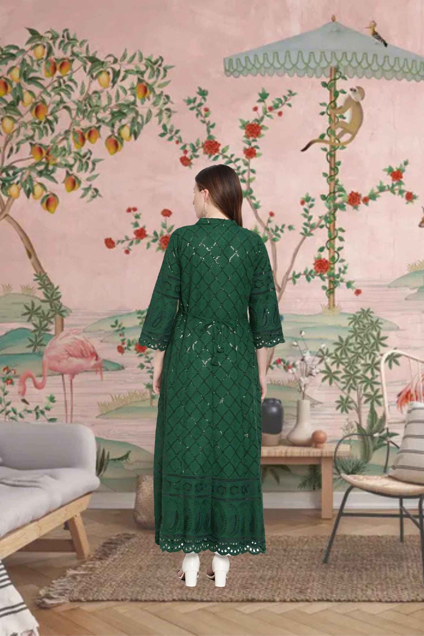 Rear angle revealing embroidery like leafy vines