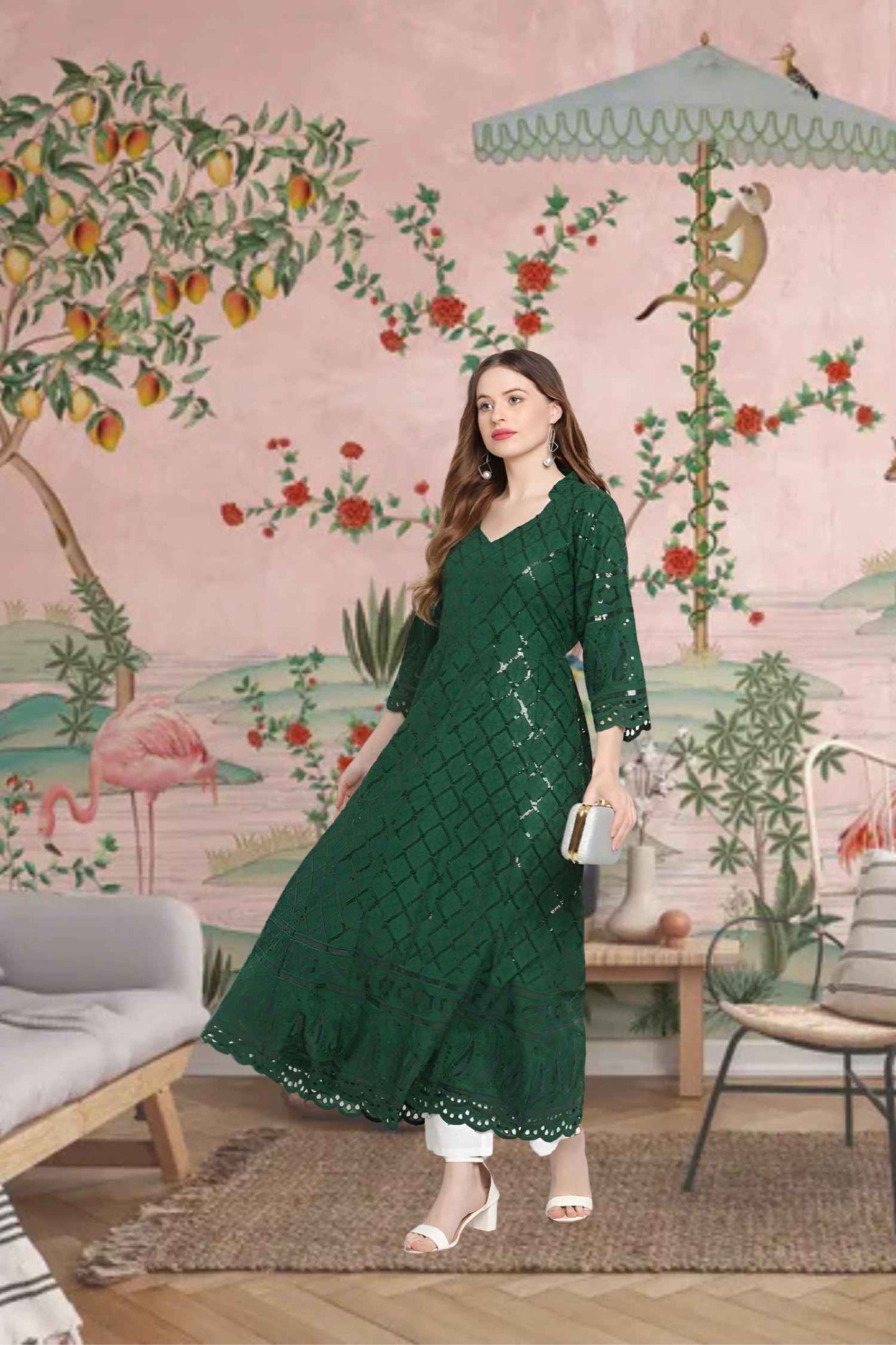 Front view: Dark green kurti against ancient trees