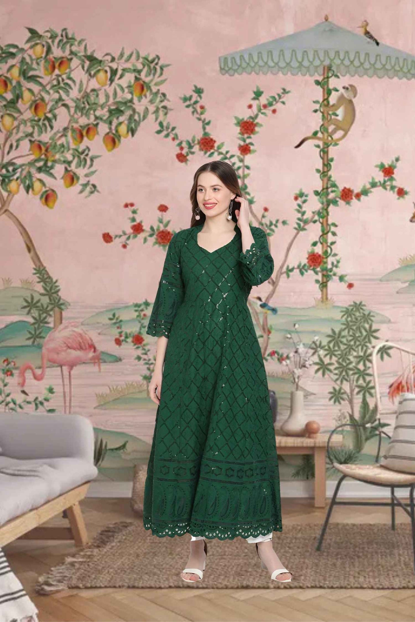 Front view: Dark green kurti against ancient trees