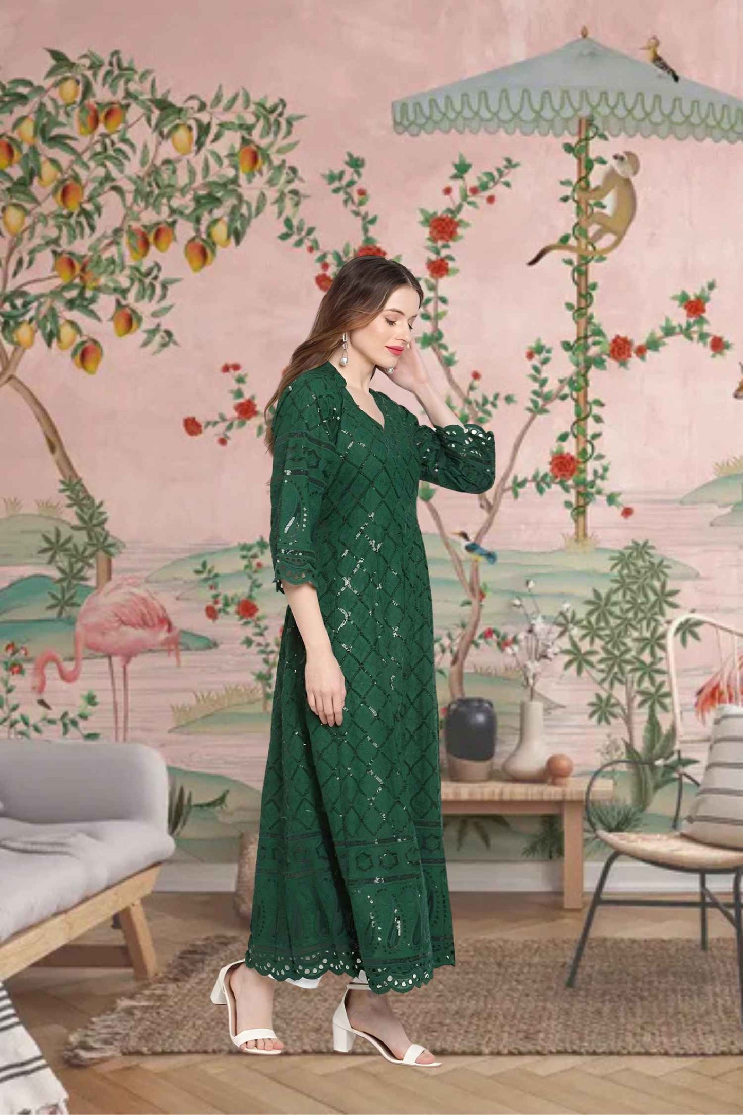 Side pose showing natural cotton fall