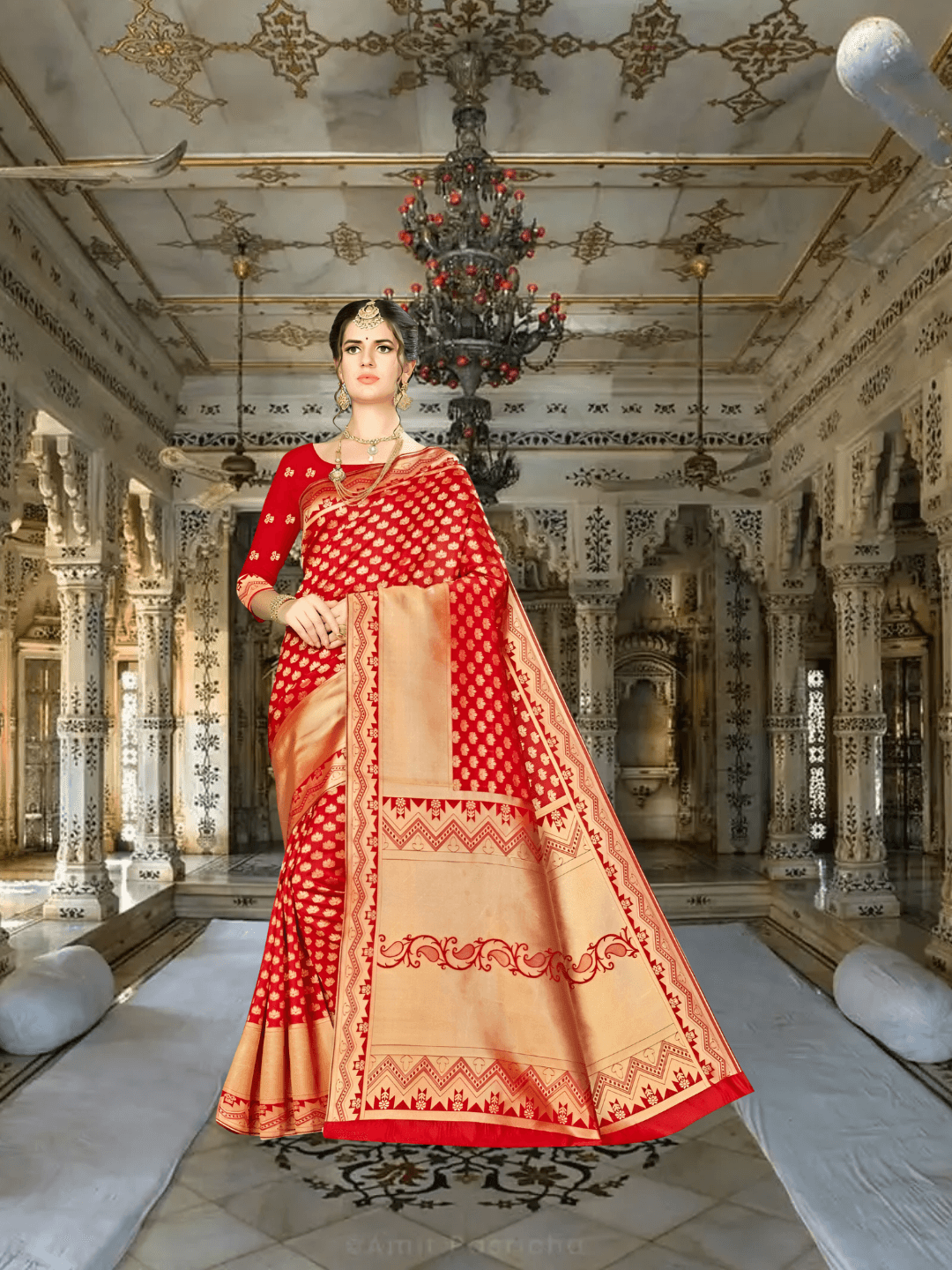 Model wearing red Banarasi silk saree with gold border in palace setting