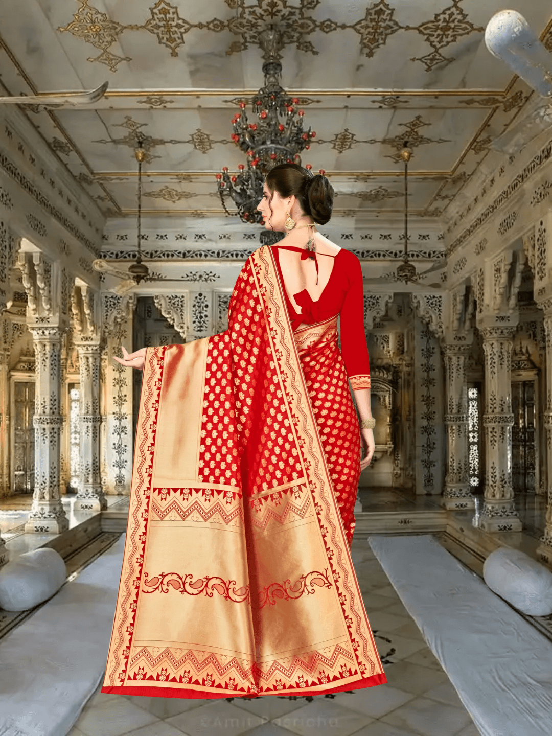 Detailed pallu view of red Banarasi saree with intricate gold weaving