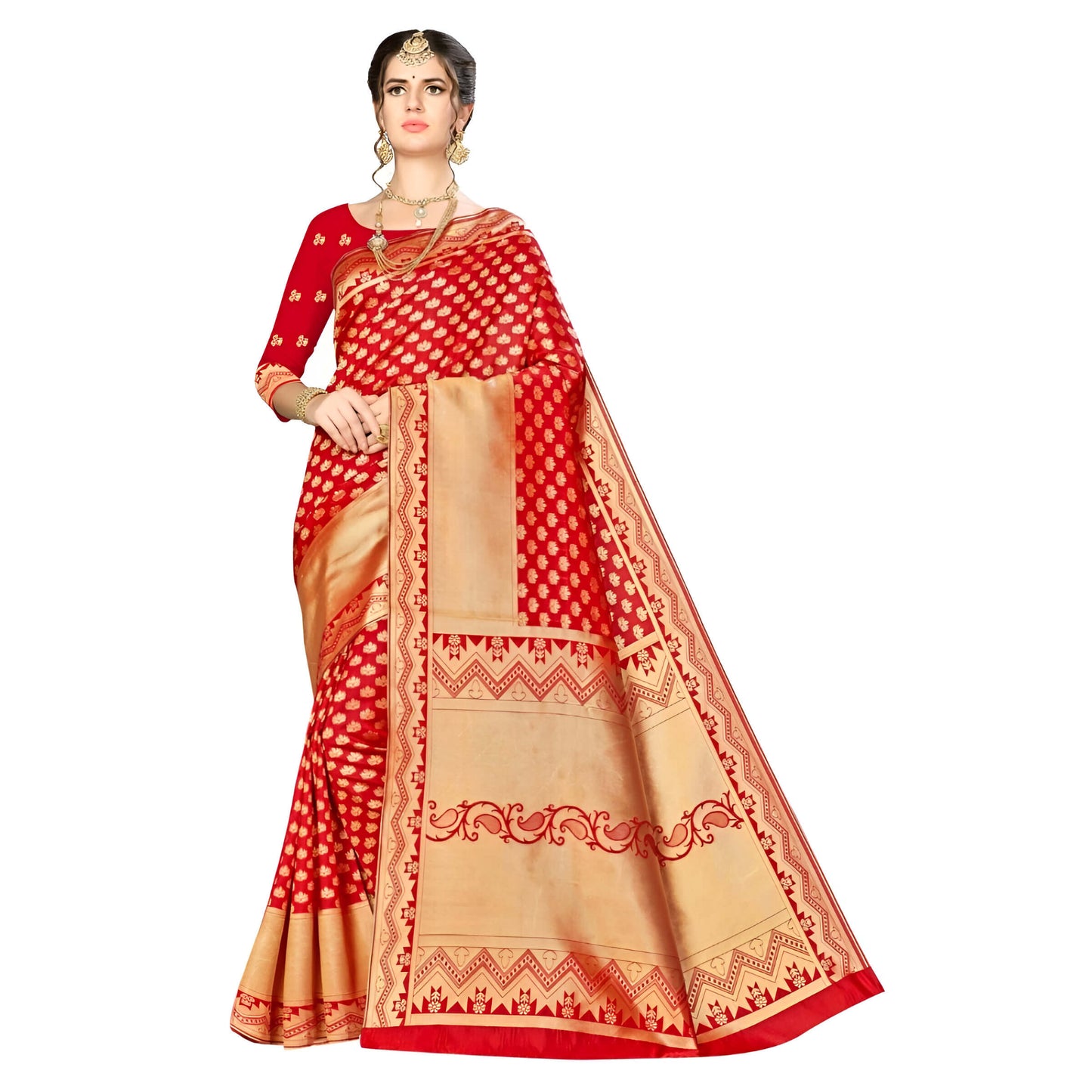 Full-length studio shot of red Banarasi silk saree with golden zari work