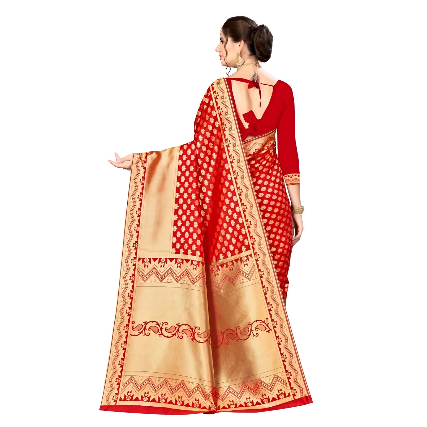 Studio image showcasing the lustrous gold pallu of red Banarasi saree