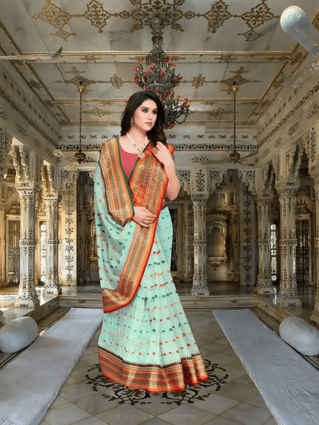 Zoomed-in view of elegant border against minty green cotton texture