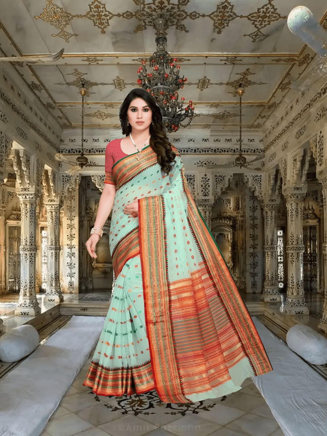 Pista green Kota Doria saree with pink and gold border styled in full front drape against palace interior