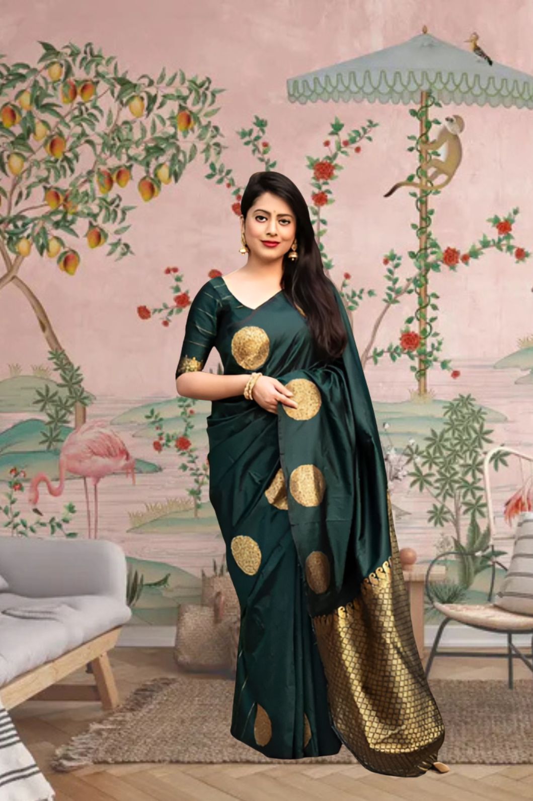 Front view of green printed silk saree in royal setting