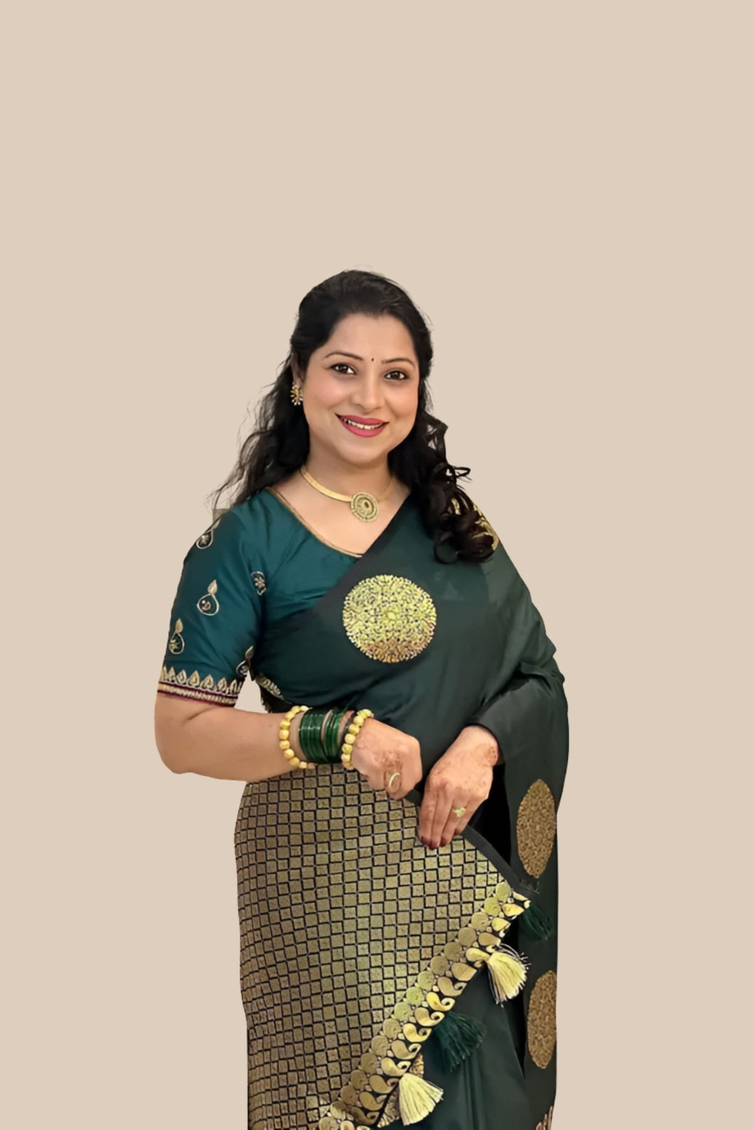 Studio front shot of green printed saree with blouse