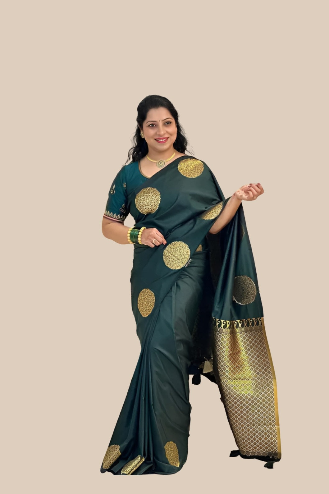 Studio front shot of green printed saree with blouse