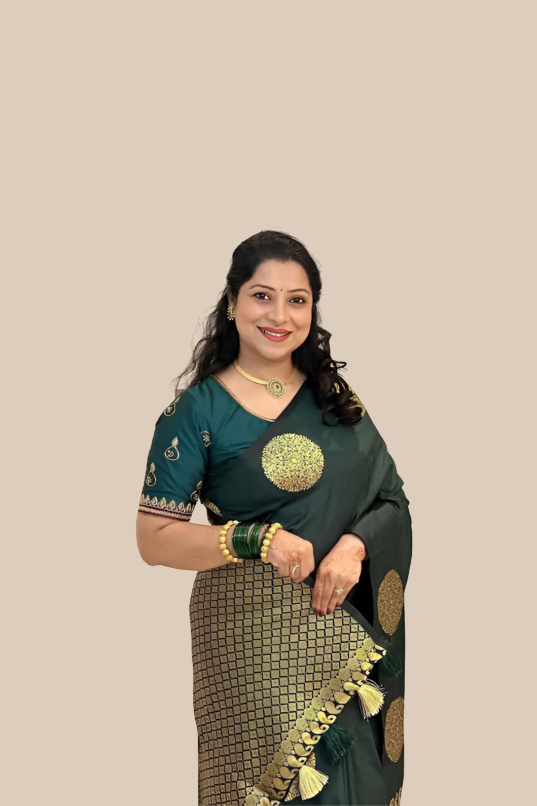Studio front shot of green printed saree with blouse