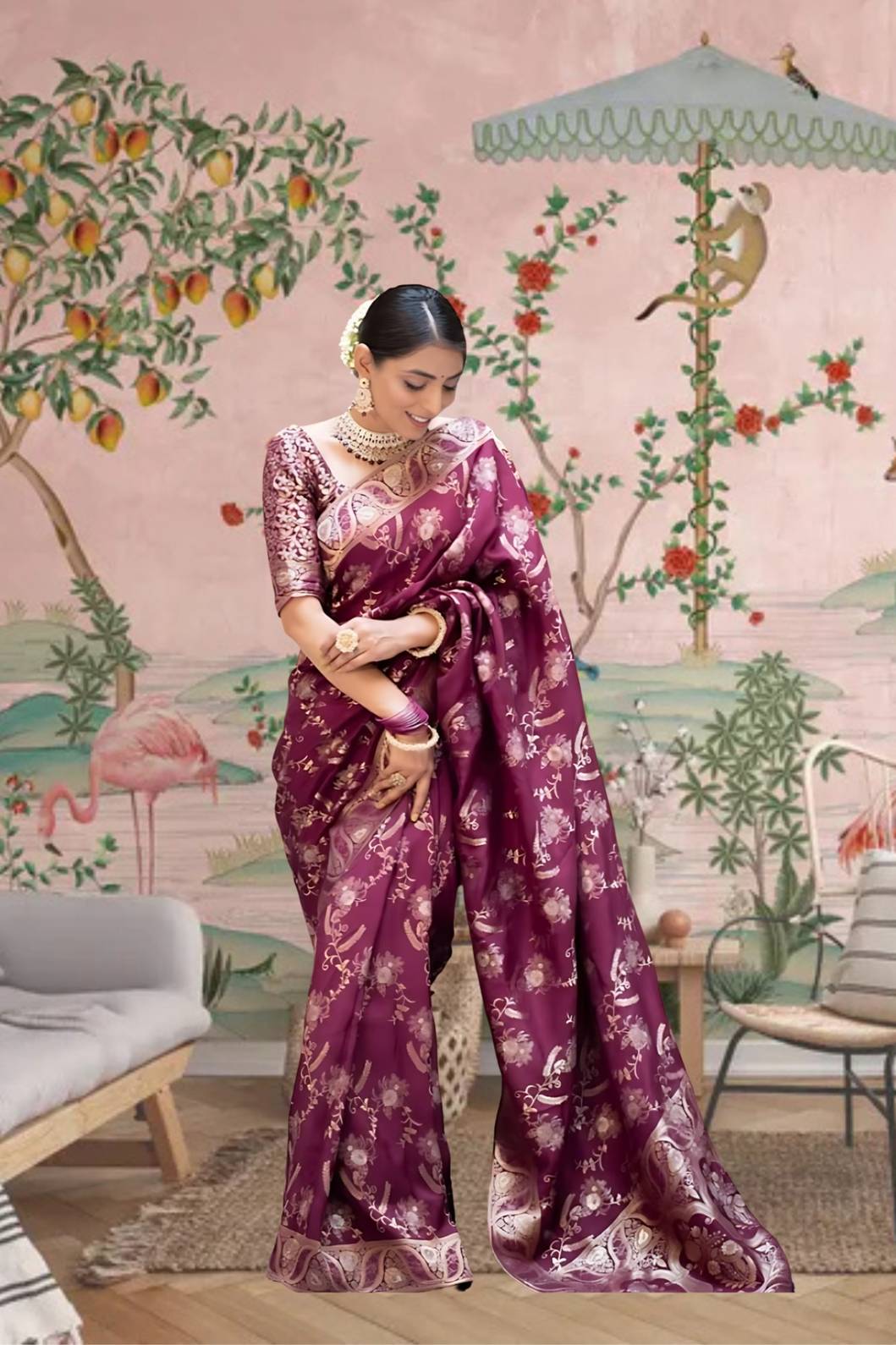 Front view of deep purple silk saree in a royal palace setting