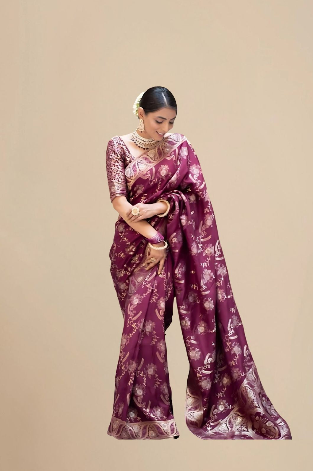 Studio front angle showcasing the purple saree in sharp detail