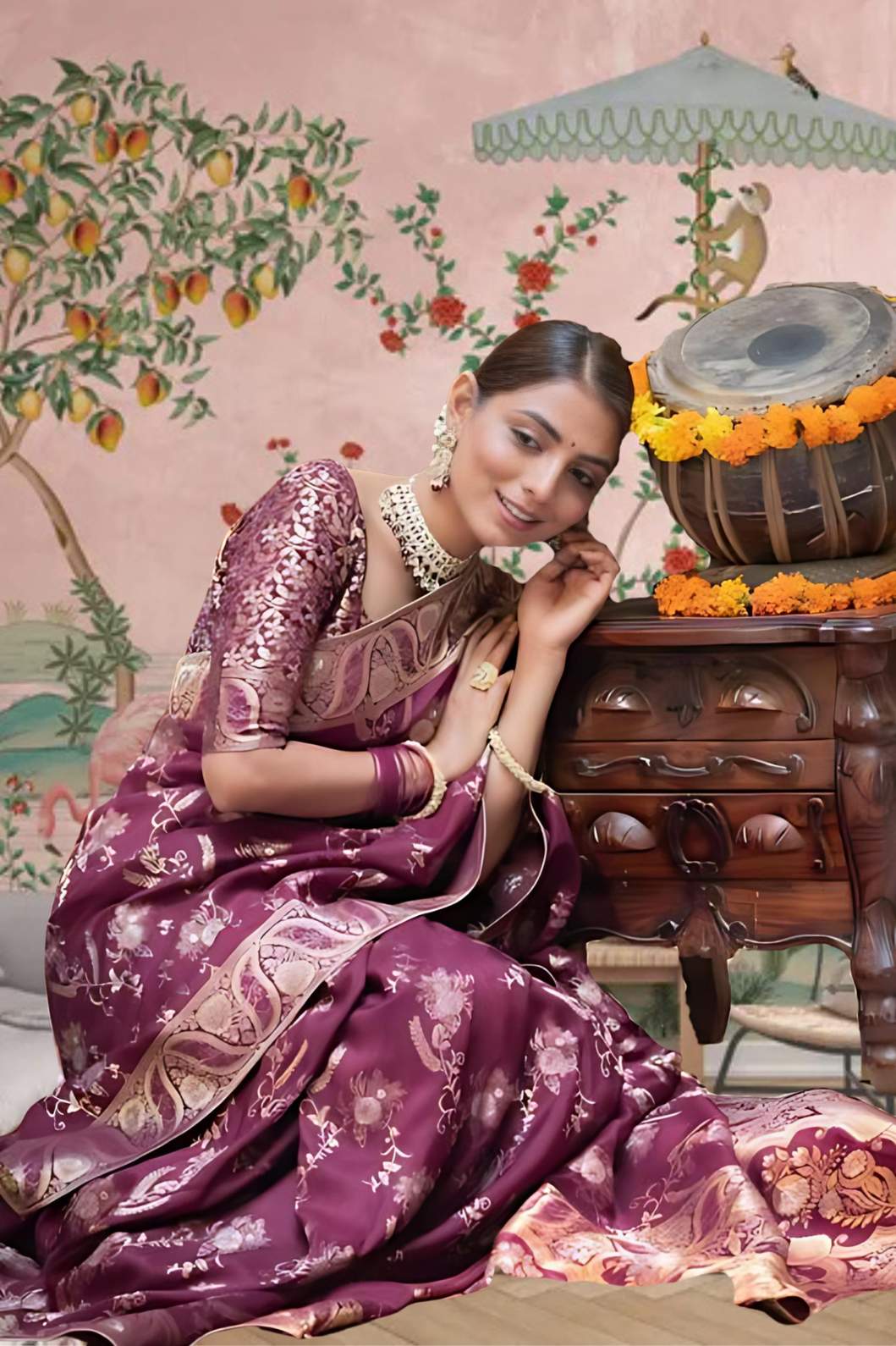 Left profile with radiant purple drape and gold work visible