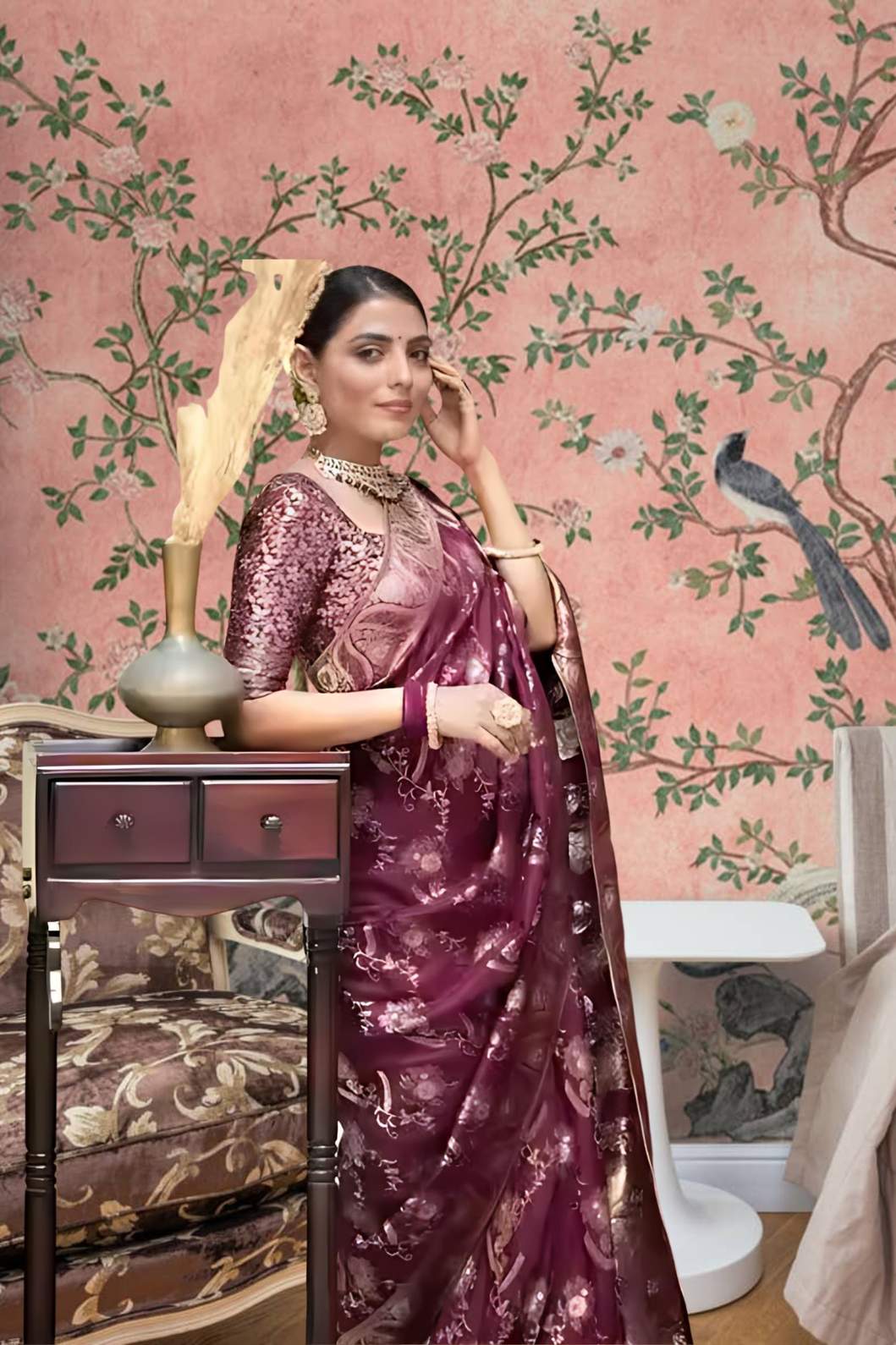 Left profile with radiant purple drape and gold work visible