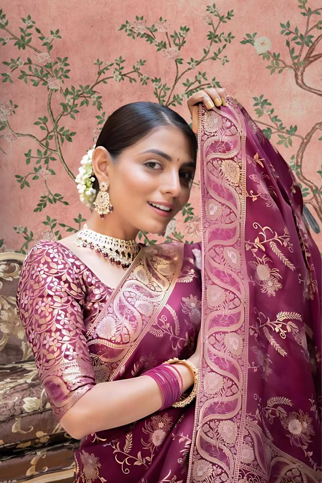 Close-up of embellished pallu glowing in palace lights