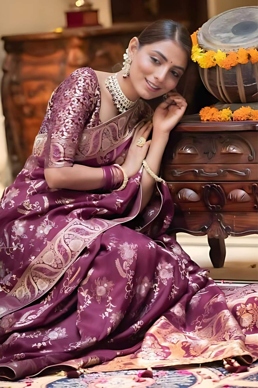 Studio close-up of pallu embroidery and silk finish