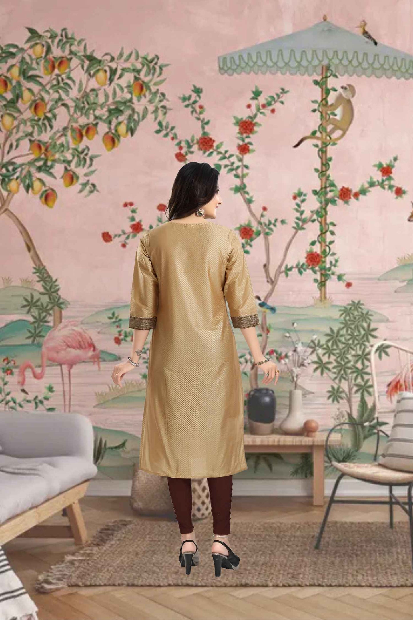 Rear shot showing flowing tunic grace