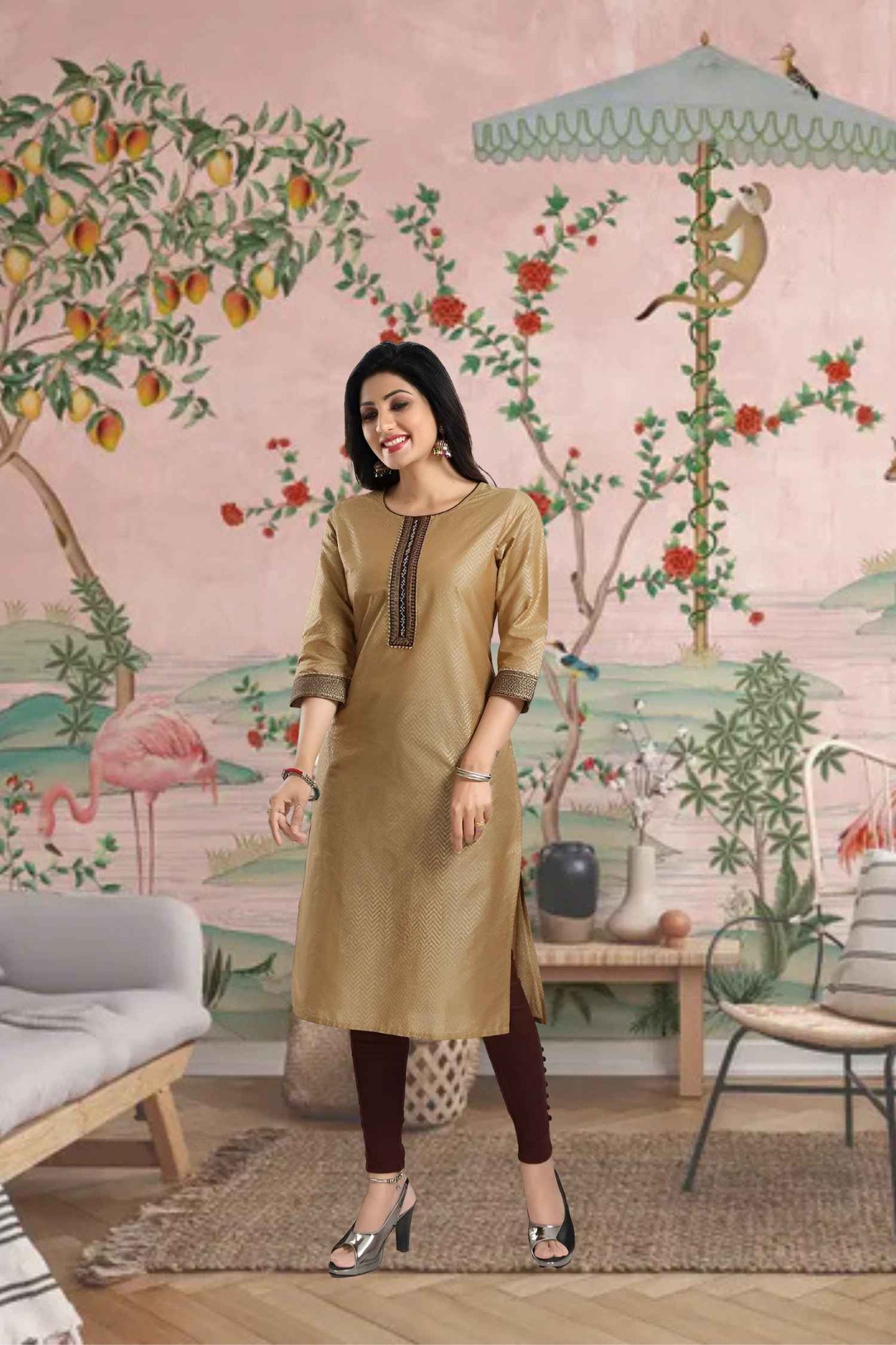 Front view: Beige kurti framed against golden dunes