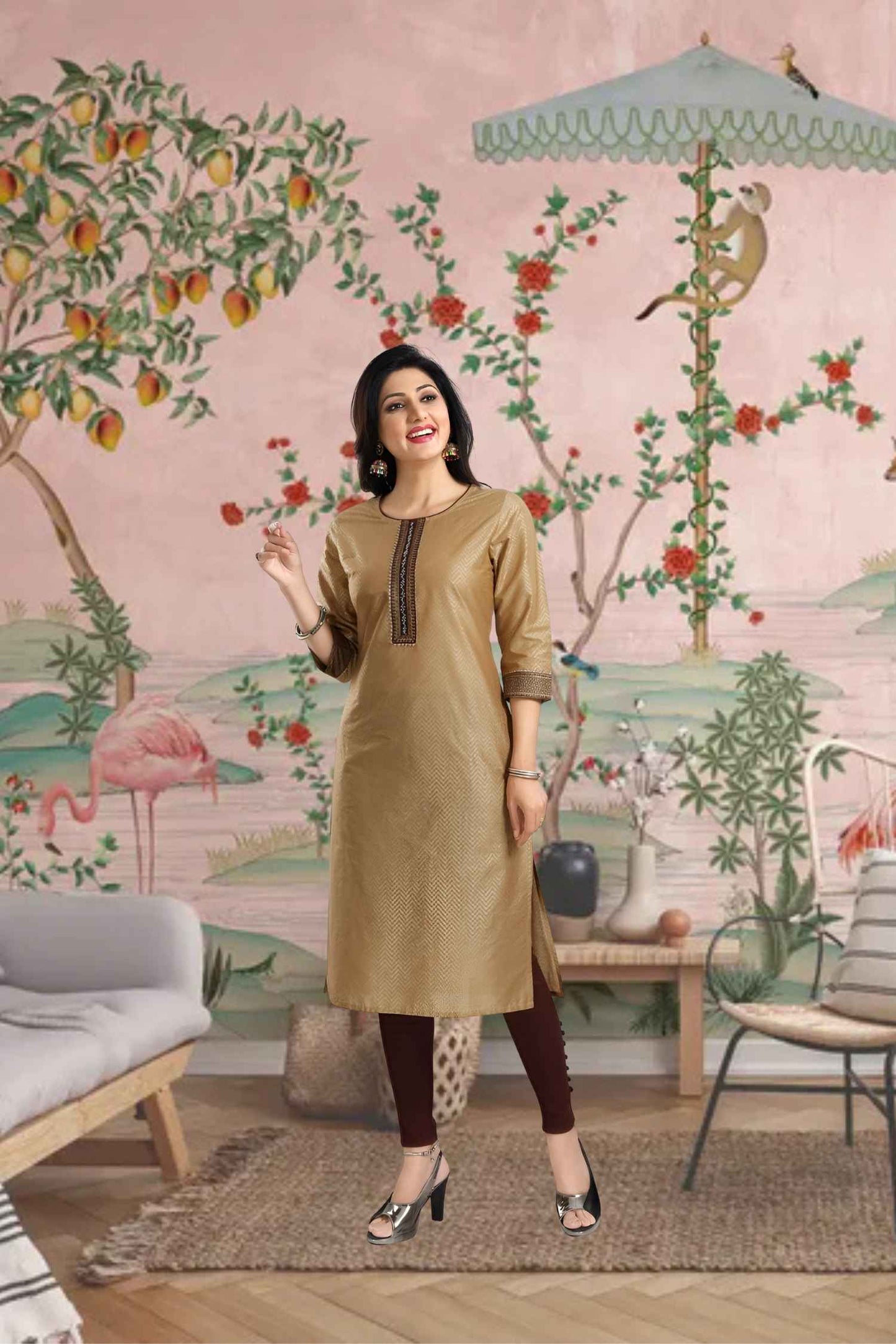 Front view: Beige kurti framed against golden dunes
