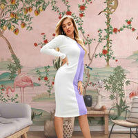Side View of Dusk & Drape - Round Neck Purple White Stretch Dress