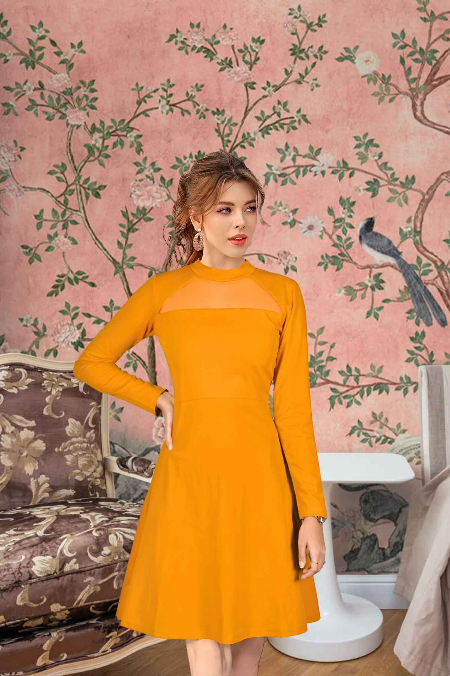 Golden Hour Glimmer Front View - Yellow Full Sleeve Dress