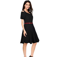 Midnight Afterglow Angled View - Black Cap Sleeve Dress No Background