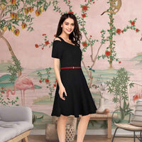 Midnight Afterglow Angled View - Black Cap Sleeve Dress