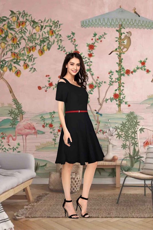 Midnight Afterglow Angled View - Black Cap Sleeve Dress
