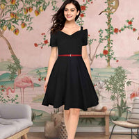 Midnight Afterglow Front View - Black Cap Sleeve Dress