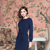  Midnight Tether Angled View - Navy Full Sleeve Dress with Waist Ribbon