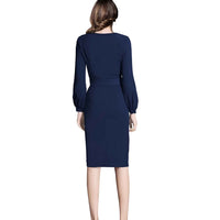 Midnight Tether Back View - Navy Full Sleeve Dress with Waist Ribbon No Background