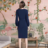  Midnight Tether Back View - Navy Full Sleeve Dress with Waist Ribbon
