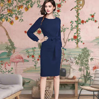 Midnight Tether Side View - Navy Full Sleeve Dress with Waist Ribbon