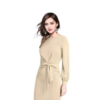Moonlace Mirage Angled View - Beige Full Sleeve Dress with Waist Ribbon No Background