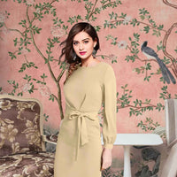 Moonlace Mirage Angled View - Beige Full Sleeve Dress with Waist Ribbon