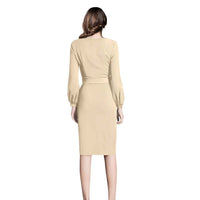 Moonlace Mirage Back View - Beige Full Sleeve Dress with Waist Ribbon No Background
