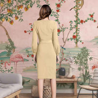 Moonlace Mirage Back View - Beige Full Sleeve Dress with Waist Ribbon