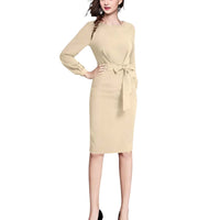 Moonlace Mirage Front View - Beige Full Sleeve Dress with Waist Ribbon No Background