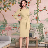  Moonlace Mirage Front View - Beige Full Sleeve Dress with Waist Ribbon