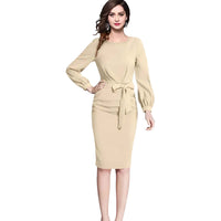 Moonlace Mirage Side View - Beige Full Sleeve Dress with Waist Ribbon No Background