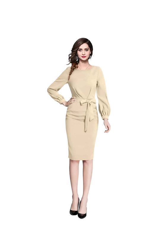Moonlace Mirage Side View - Beige Full Sleeve Dress with Waist Ribbon No Background