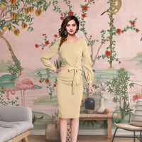 Moonlace Mirage Side View - Beige Full Sleeve Dress with Waist Ribbon